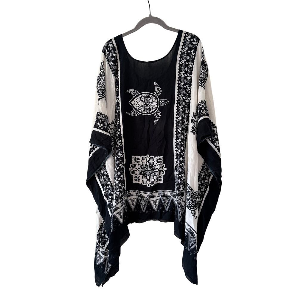 Handmade Rayon Beach Cover Up Kaftan Black White Sea Turtle Boho One Size - Picture 8 of 9
